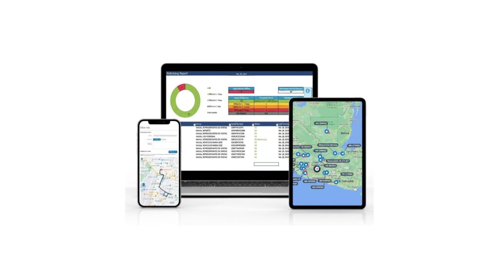 Plataforma Geotab de rastreo GPS en computadora, tableta y teléfono